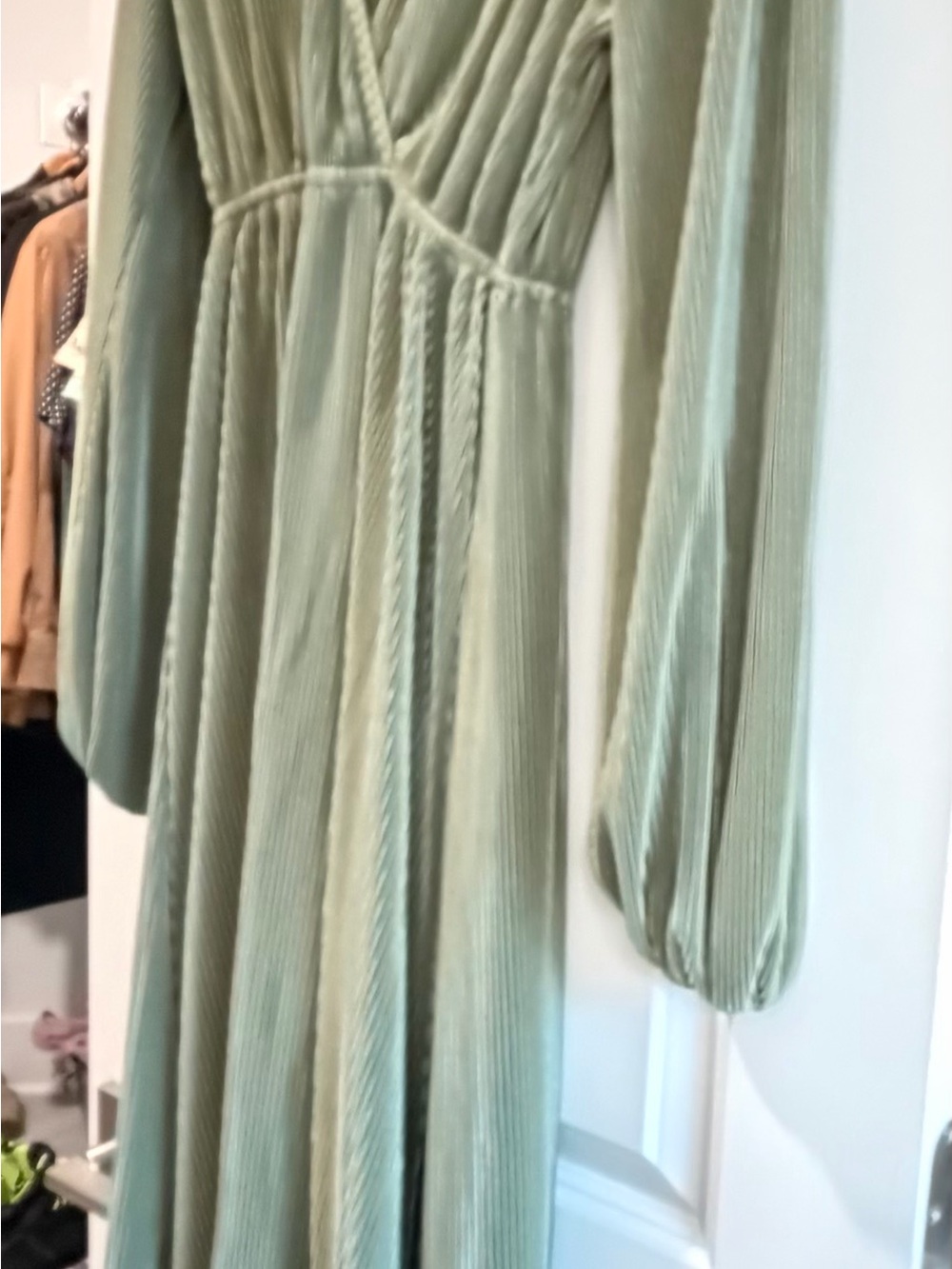Baltic Born Light Sage Green Maxi Dress with V-Neck and Long Bishop Sleeves